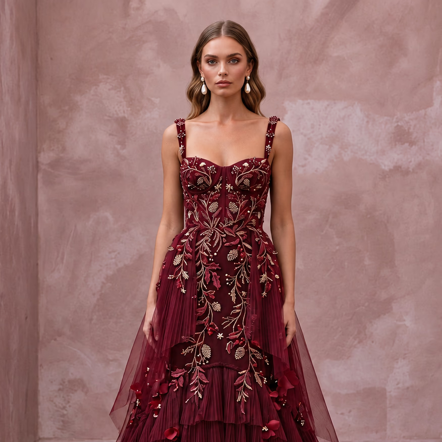 Enchanting Burgundy Embroidered Tulle Bridal Gown for Holiday Rehearsal