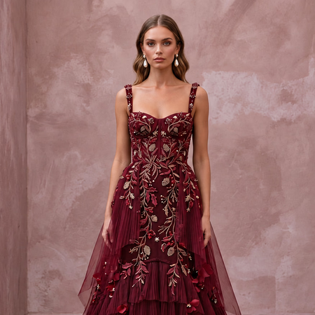 Enchanting Burgundy Embroidered Tulle Bridal Gown for Holiday Rehearsal