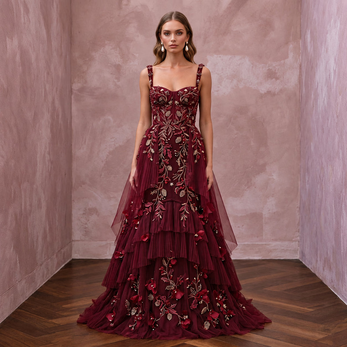Enchanting Burgundy Embroidered Tulle Bridal Gown for Holiday Rehearsal - Apparel & Accessories > Clothing > Wedding & Bridal Party Dresses > Wedding Dresses - Mignonette Bridal Main image