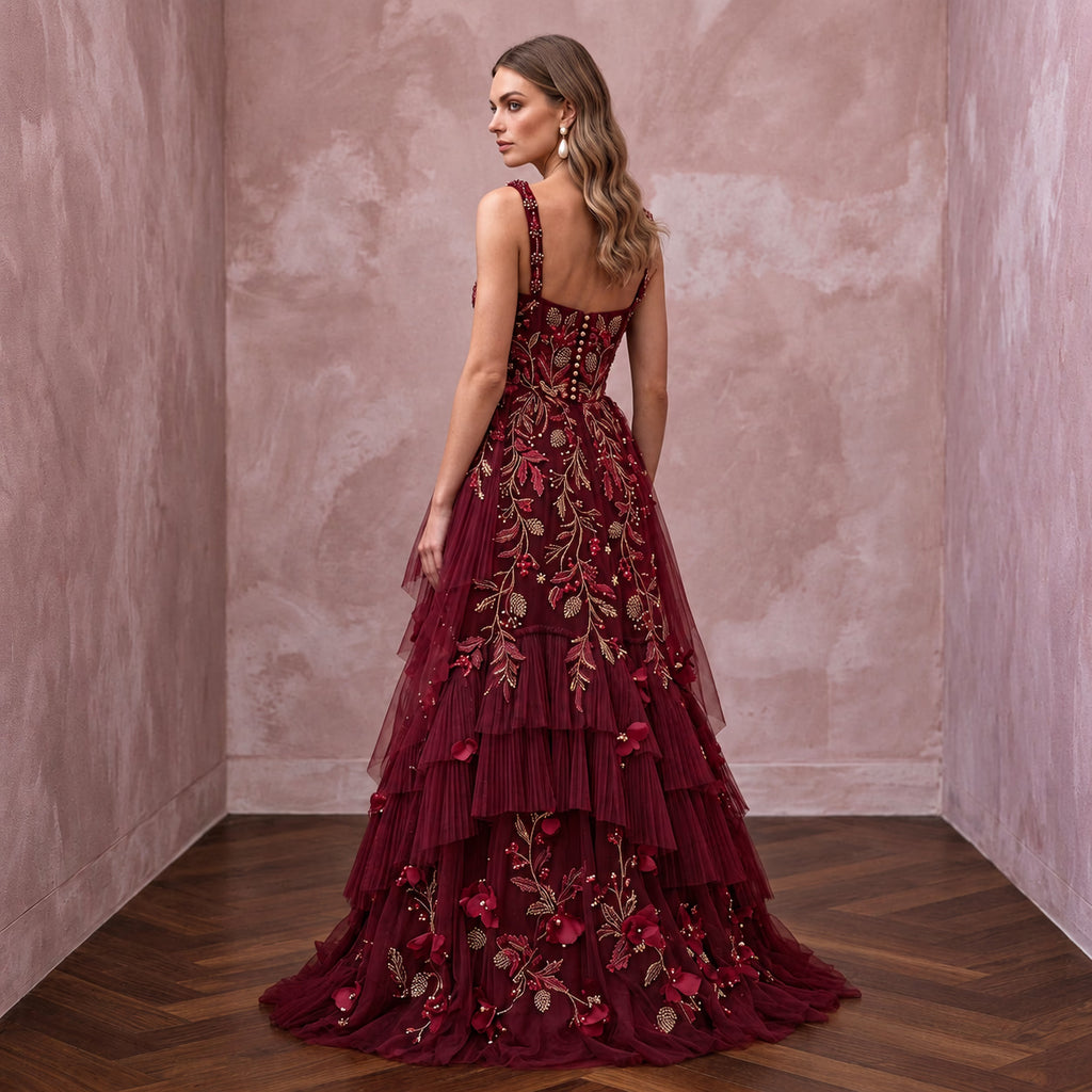 Enchanting Burgundy Embroidered Tulle Bridal Gown for Holiday Rehearsal
