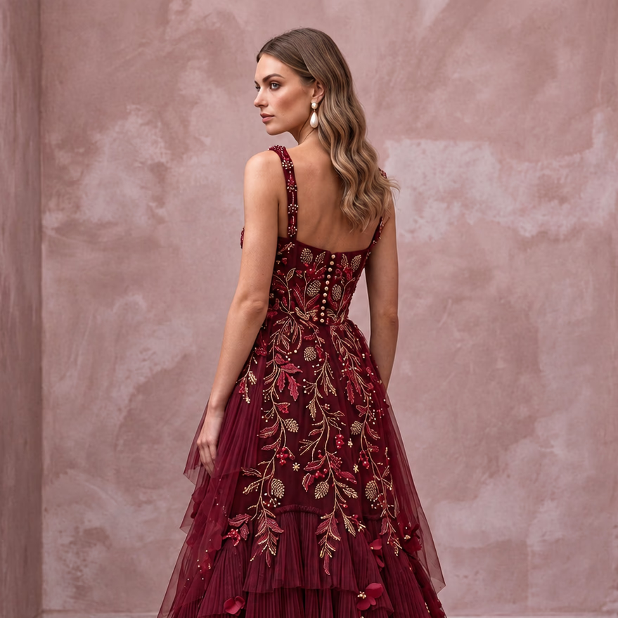 Enchanting Burgundy Embroidered Tulle Bridal Gown for Holiday Rehearsal