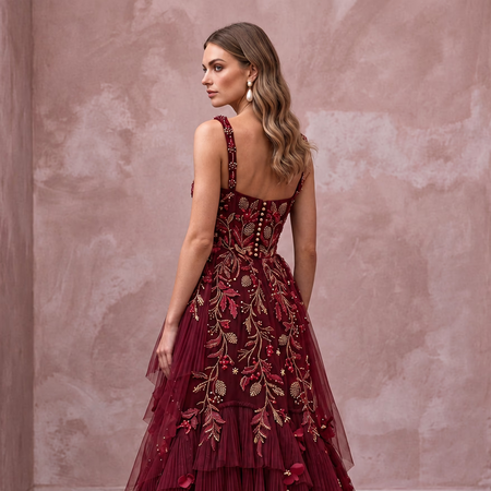 Enchanting Burgundy Embroidered Tulle Bridal Gown for Holiday Rehearsal