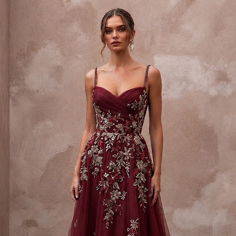 Enchanting Burgundy Embroidered Tulle Dress for Holiday Rehearsal - Apparel & Accessories > Clothing > Wedding & Bridal Party Dresses > Wedding Dresses - Mignonette Bridal