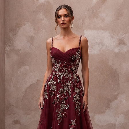 Enchanting Burgundy Embroidered Tulle Dress for Holiday Rehearsal - Apparel & Accessories > Clothing > Wedding & Bridal Party Dresses > Wedding Dresses - Mignonette Bridal