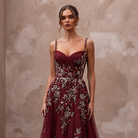 Enchanting Burgundy Embroidered Tulle Dress for Holiday Rehearsal