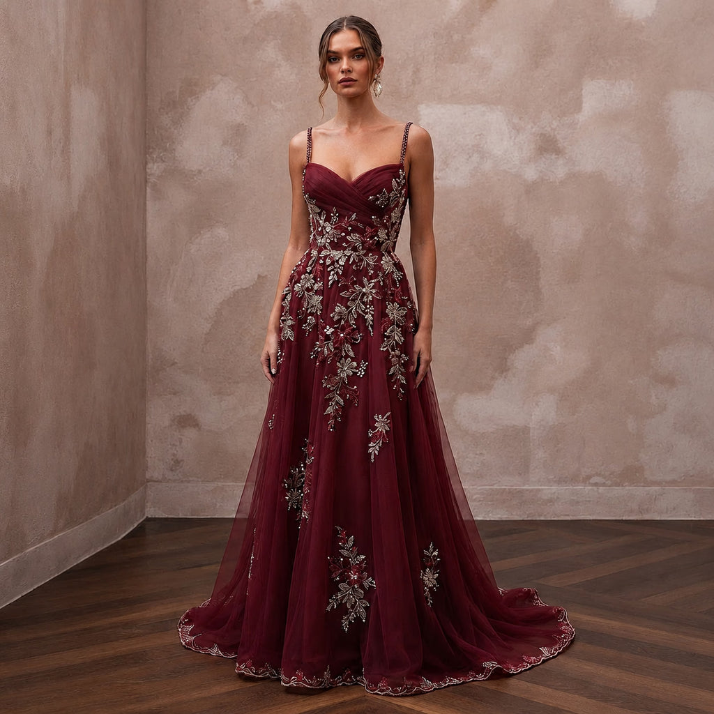 Enchanting Burgundy Embroidered Tulle Dress for Holiday Rehearsal - Apparel & Accessories > Clothing > Wedding & Bridal Party Dresses > Wedding Dresses - Mignonette Bridal