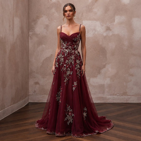 Enchanting Burgundy Embroidered Tulle Dress for Holiday Rehearsal - Apparel & Accessories > Clothing > Wedding & Bridal Party Dresses > Wedding Dresses - Mignonette Bridal