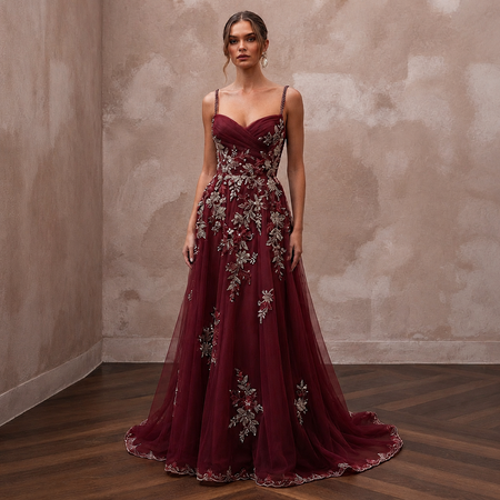 Enchanting Burgundy Embroidered Tulle Dress for Holiday Rehearsal