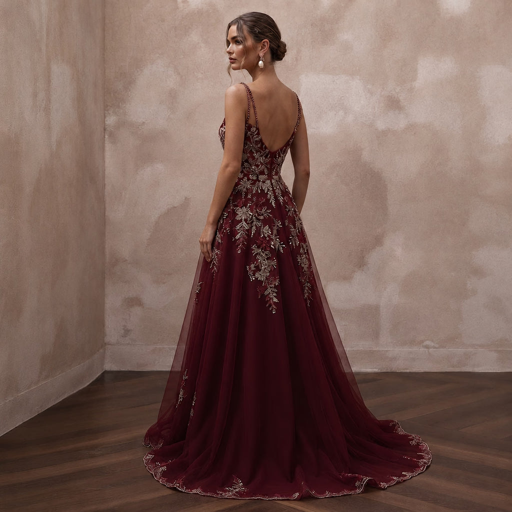 Enchanting Burgundy Embroidered Tulle Dress for Holiday Rehearsal - Apparel & Accessories > Clothing > Wedding & Bridal Party Dresses > Wedding Dresses - Mignonette Bridal