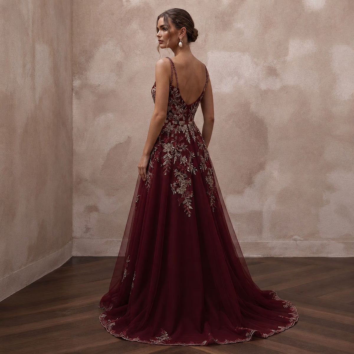 Enchanting Burgundy Embroidered Tulle Dress for Holiday Rehearsal - Apparel & Accessories > Clothing > Wedding & Bridal Party Dresses > Wedding Dresses - Mignonette Bridal