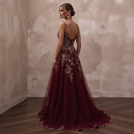 Enchanting Burgundy Embroidered Tulle Dress for Holiday Rehearsal - Apparel & Accessories > Clothing > Wedding & Bridal Party Dresses > Wedding Dresses - Mignonette Bridal