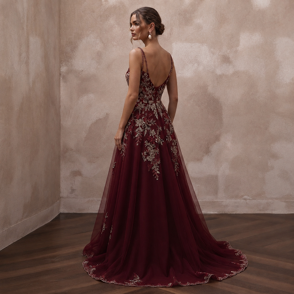 Enchanting Burgundy Embroidered Tulle Dress for Holiday Rehearsal