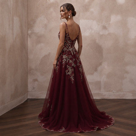Enchanting Burgundy Embroidered Tulle Dress for Holiday Rehearsal
