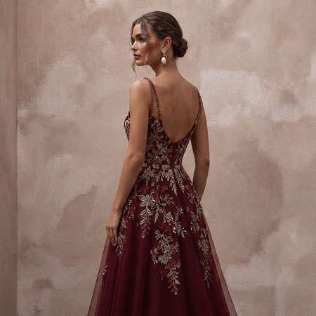 Enchanting Burgundy Embroidered Tulle Dress for Holiday Rehearsal