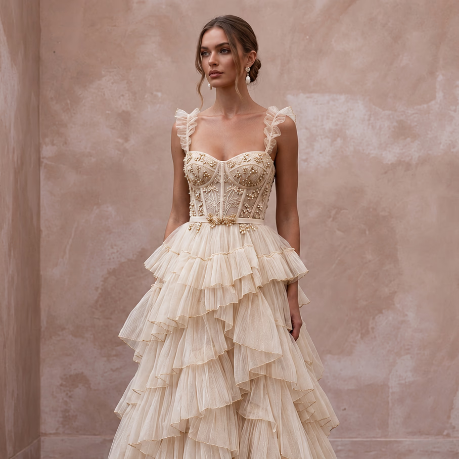 Enchanting Champagne Tiered Ruffle Tulle Bridal Gown for Bridal Shower Tea