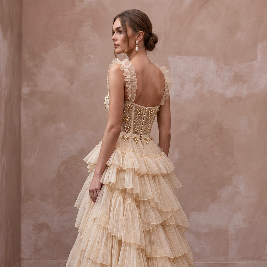 Enchanting Champagne Tiered Ruffle Tulle Bridal Gown for Bridal Shower Tea