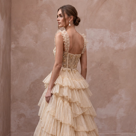 Enchanting Champagne Tiered Ruffle Tulle Bridal Gown for Bridal Shower Tea