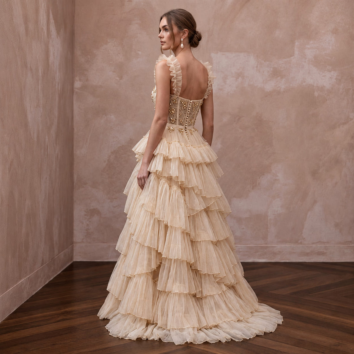 Enchanting Champagne Tiered Ruffle Tulle Bridal Gown for Bridal Shower Tea