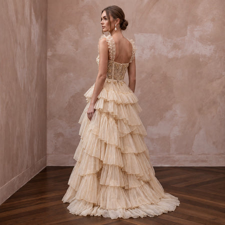 Enchanting Champagne Tiered Ruffle Tulle Bridal Gown for Bridal Shower Tea