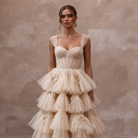 Enchanting Champagne Tiered Ruffle Tulle for Bridal Shower Tea - Apparel & Accessories > Clothing > Wedding & Bridal Party Dresses > Wedding Dresses - Mignonette Bridal