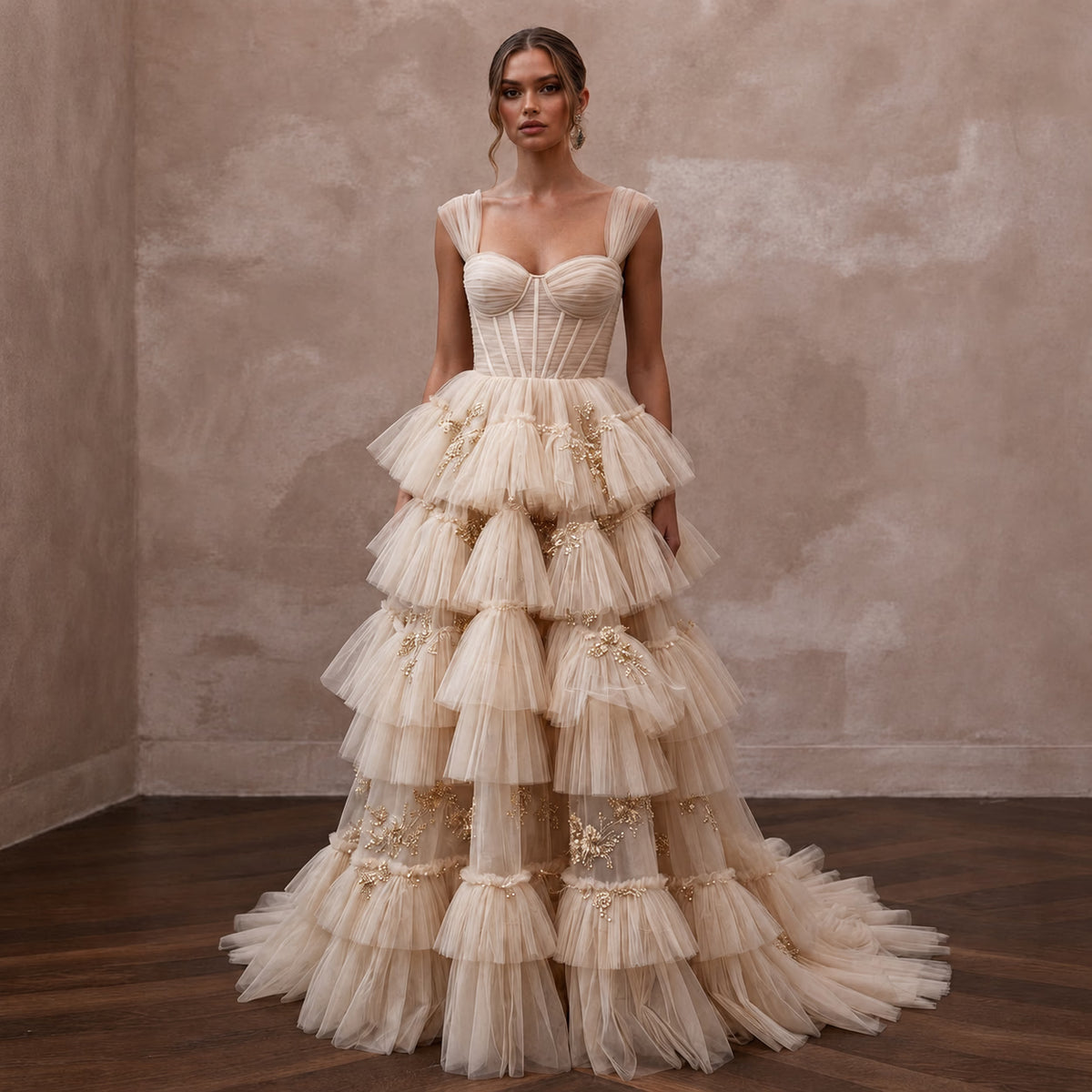 Enchanting Champagne Tiered Ruffle Tulle for Bridal Shower Tea - Apparel & Accessories > Clothing > Wedding & Bridal Party Dresses > Wedding Dresses - Mignonette Bridal Main image