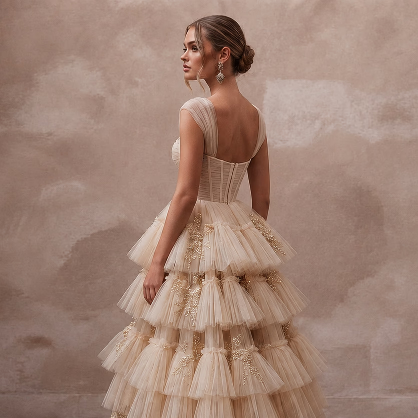 Enchanting Champagne Tiered Ruffle Tulle for Bridal Shower Tea - Apparel & Accessories > Clothing > Wedding & Bridal Party Dresses > Wedding Dresses - Mignonette Bridal