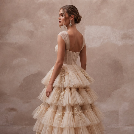 Enchanting Champagne Tiered Ruffle Tulle for Bridal Shower Tea - Apparel & Accessories > Clothing > Wedding & Bridal Party Dresses > Wedding Dresses - Mignonette Bridal