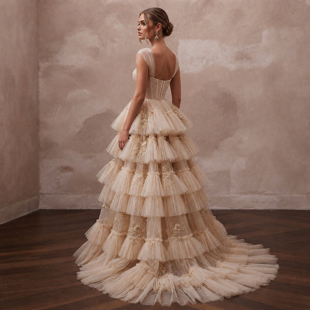 Enchanting Champagne Tiered Ruffle Tulle for Bridal Shower Tea - Apparel & Accessories > Clothing > Wedding & Bridal Party Dresses > Wedding Dresses - Mignonette Bridal