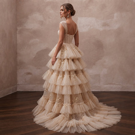 Enchanting Champagne Tiered Ruffle Tulle for Bridal Shower Tea - Apparel & Accessories > Clothing > Wedding & Bridal Party Dresses > Wedding Dresses - Mignonette Bridal