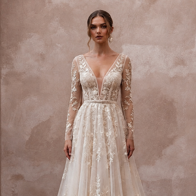 Enchanting Cream Embroidered Tulle Dress for Engagement Party