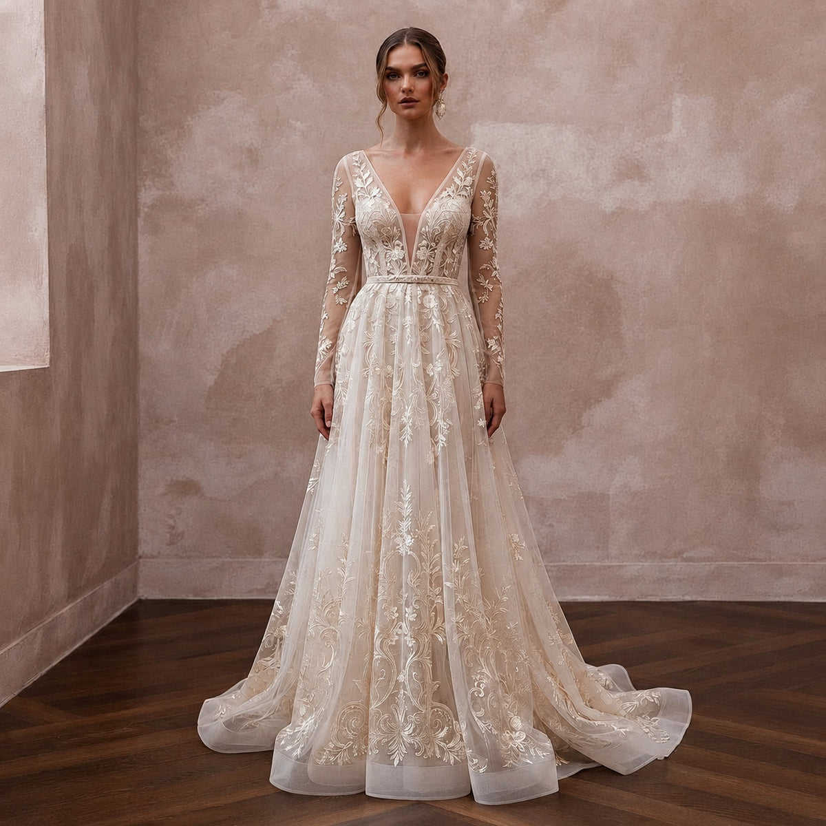 Enchanting Cream Embroidered Tulle Dress for Engagement Party - Apparel & Accessories > Clothing > Wedding & Bridal Party Dresses > Wedding Dresses - Mignonette Bridal Main image