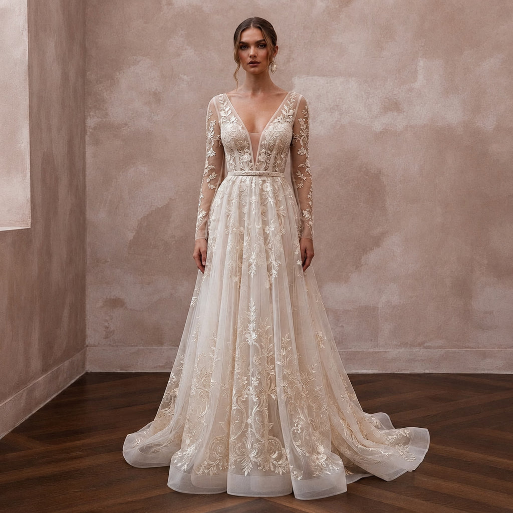 Enchanting Cream Embroidered Tulle Dress for Engagement Party - Apparel & Accessories > Clothing > Wedding & Bridal Party Dresses > Wedding Dresses - Mignonette Bridal