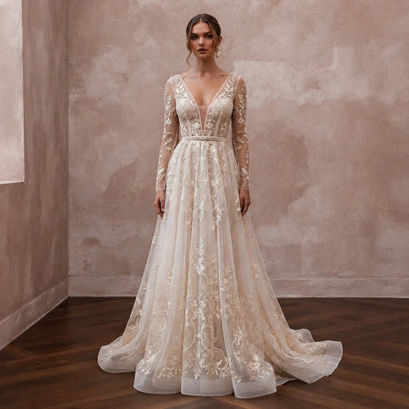 Enchanting Cream Embroidered Tulle Dress for Engagement Party - Apparel & Accessories > Clothing > Wedding & Bridal Party Dresses > Wedding Dresses - Mignonette Bridal