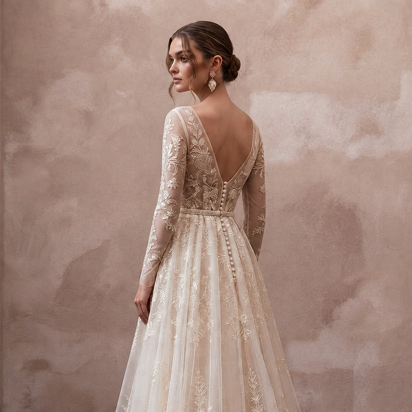 Enchanting Cream Embroidered Tulle Dress for Engagement Party - Apparel & Accessories > Clothing > Wedding & Bridal Party Dresses > Wedding Dresses - Mignonette Bridal