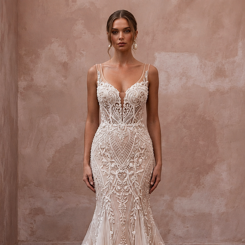 Enchanting Nude Illusion Tulle Mermaid Wedding Dress for Engagement Soirée