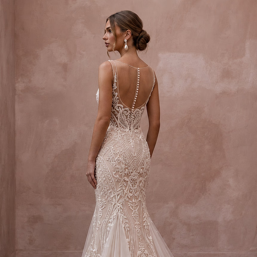 Enchanting Nude Illusion Tulle Mermaid Wedding Dress for Engagement Soirée - Apparel & Accessories > Clothing > Wedding & Bridal Party Dresses > Wedding Dresses - Mignonette Bridal