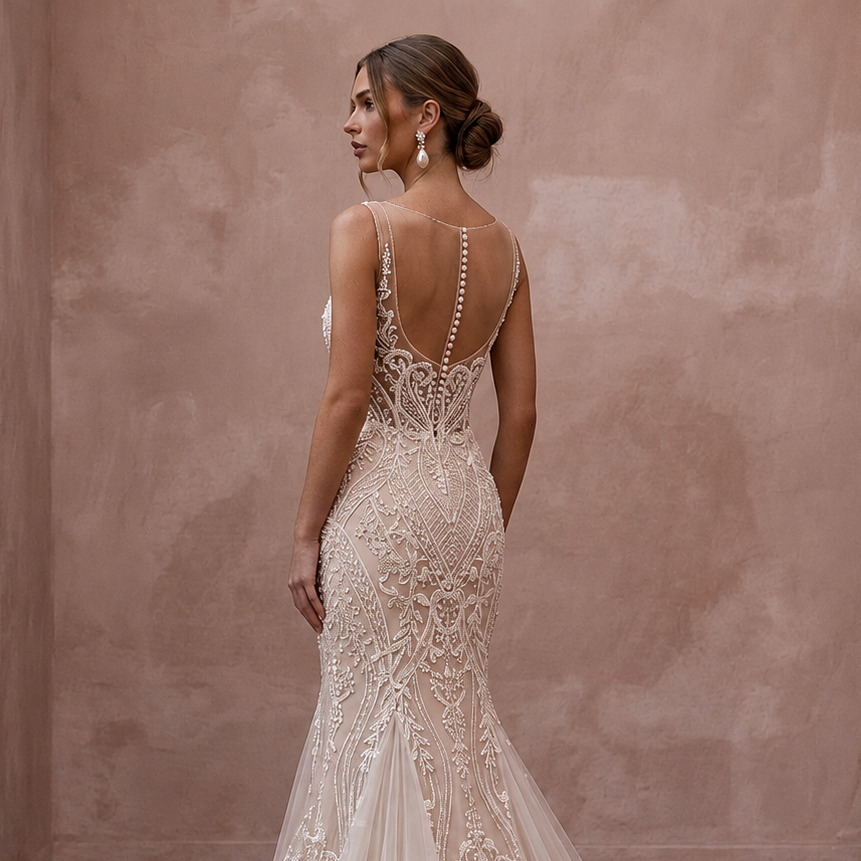 Enchanting Nude Illusion Tulle Mermaid Wedding Dress for Engagement Soirée