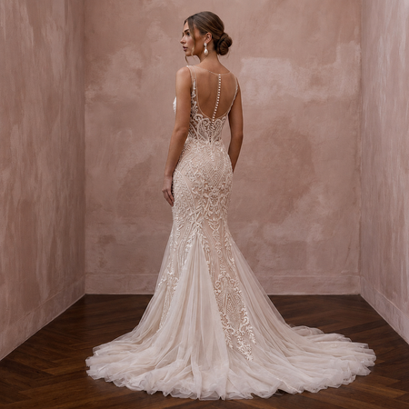 Enchanting Nude Illusion Tulle Mermaid Wedding Dress for Engagement Soirée