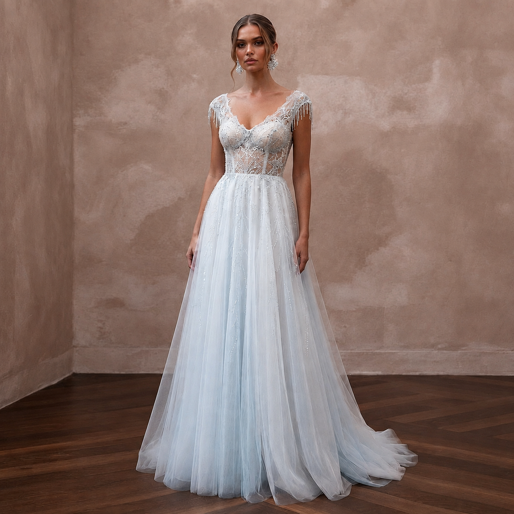 Ethereal Blue-Tinged White Tulle Gown for Ice Hotel Reception