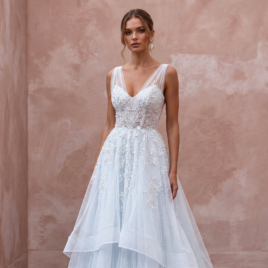 Ethereal Blue-Tinged White Tulle Wedding Gown for Ice Hotel Reception