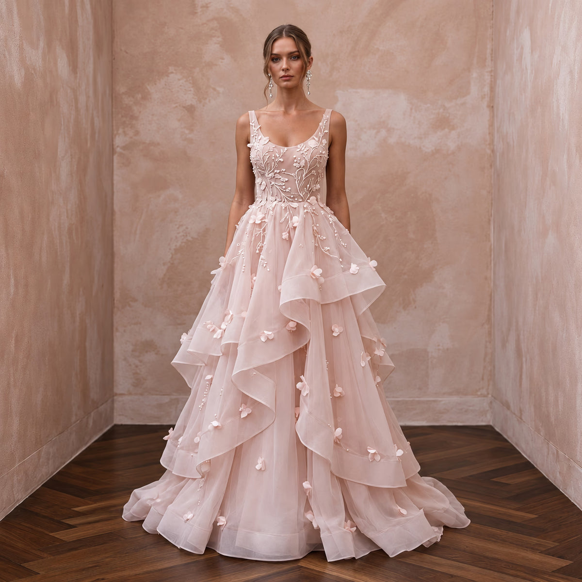 Ethereal Blush Organza Tiered Skirt Wedding Dress for Garden Ceremony - Apparel & Accessories > Clothing > Wedding & Bridal Party Dresses > Wedding Dresses - Mignonette Bridal Main image