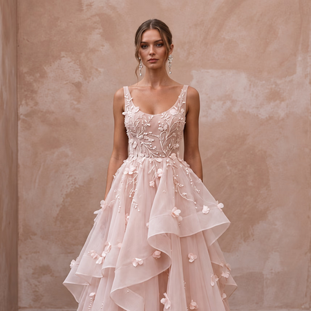 Ethereal Blush Organza Tiered Skirt Wedding Dress for Garden Ceremony