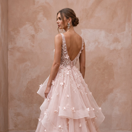 Ethereal Blush Organza Tiered Skirt Wedding Dress for Garden Ceremony
