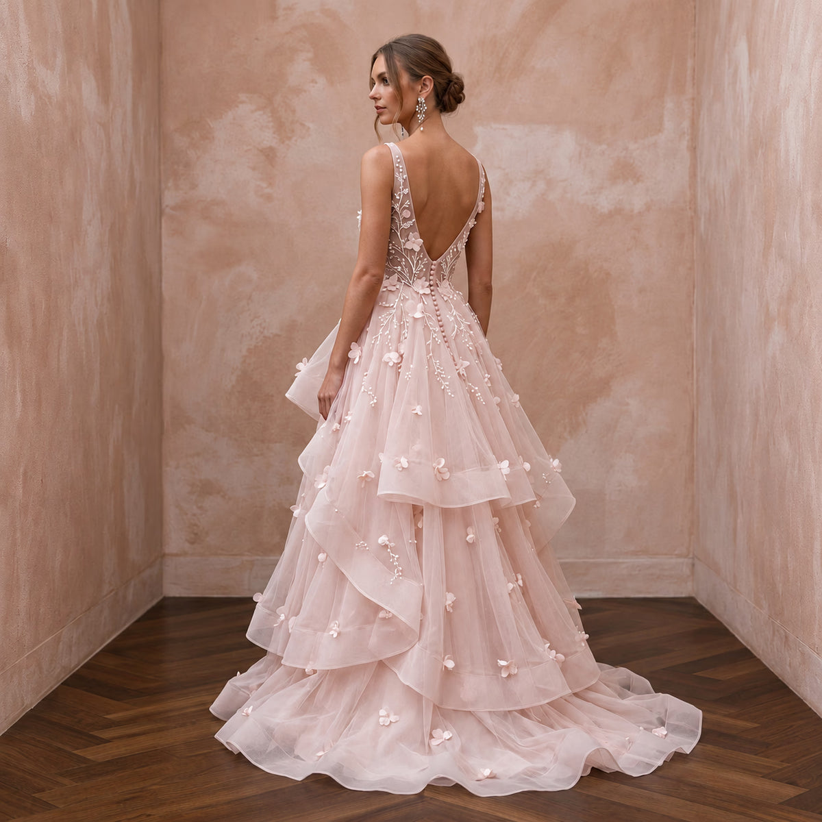 Ethereal Blush Organza Tiered Skirt Wedding Dress for Garden Ceremony