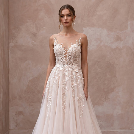 Ethereal Blush Pink Tulle Illusion Neckline A - Line Garden Wedding Dress - Apparel & Accessories > Clothing > Wedding & Bridal Party Dresses > Wedding Dresses - Mignonette Bridal