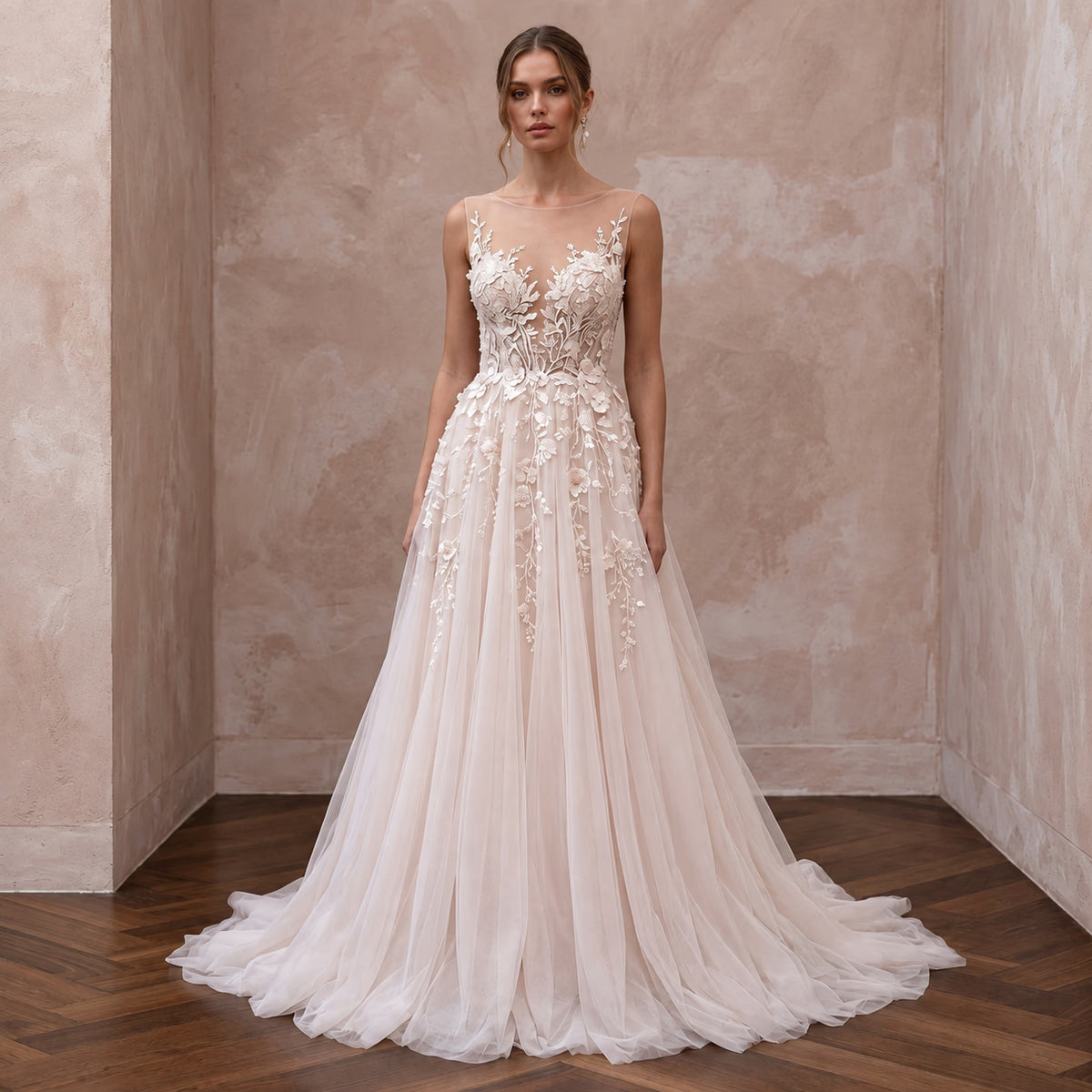 Ethereal Blush Pink Tulle Illusion Neckline A - Line Garden Wedding Dress - Apparel & Accessories > Clothing > Wedding & Bridal Party Dresses > Wedding Dresses - Mignonette Bridal