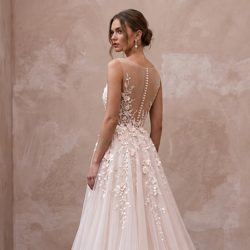 Ethereal Blush Pink Tulle Illusion Neckline A - Line Garden Wedding Dress - Apparel & Accessories > Clothing > Wedding & Bridal Party Dresses > Wedding Dresses - Mignonette Bridal