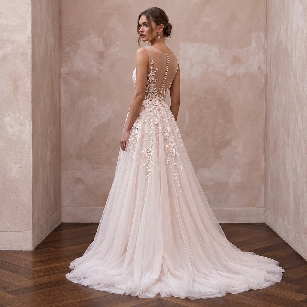 Ethereal Blush Pink Tulle Illusion Neckline A - Line Garden Wedding Dress - Apparel & Accessories > Clothing > Wedding & Bridal Party Dresses > Wedding Dresses - Mignonette Bridal