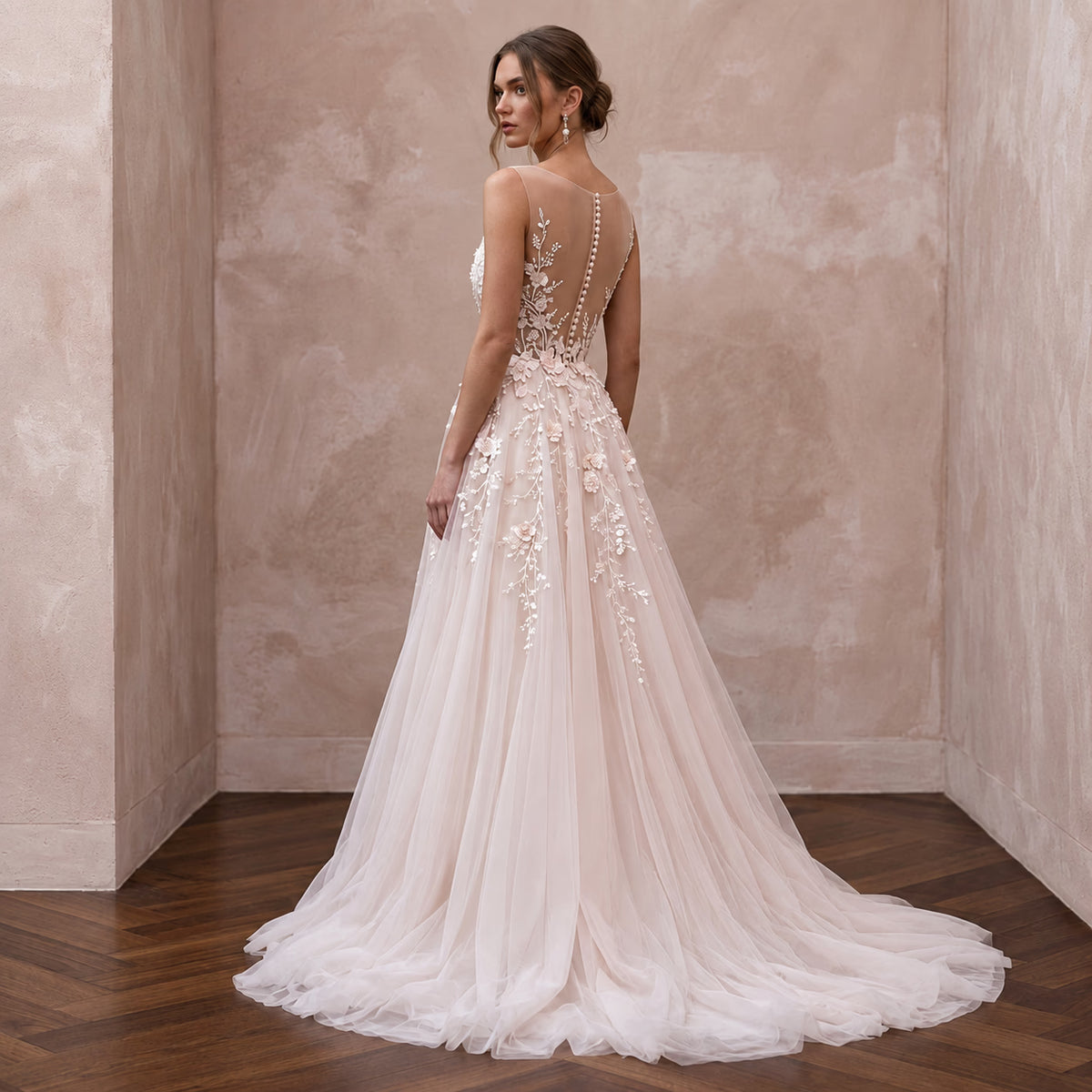 Ethereal Blush Pink Tulle Illusion Neckline A - Line Garden Wedding Dress - Apparel & Accessories > Clothing > Wedding & Bridal Party Dresses > Wedding Dresses - Mignonette Bridal