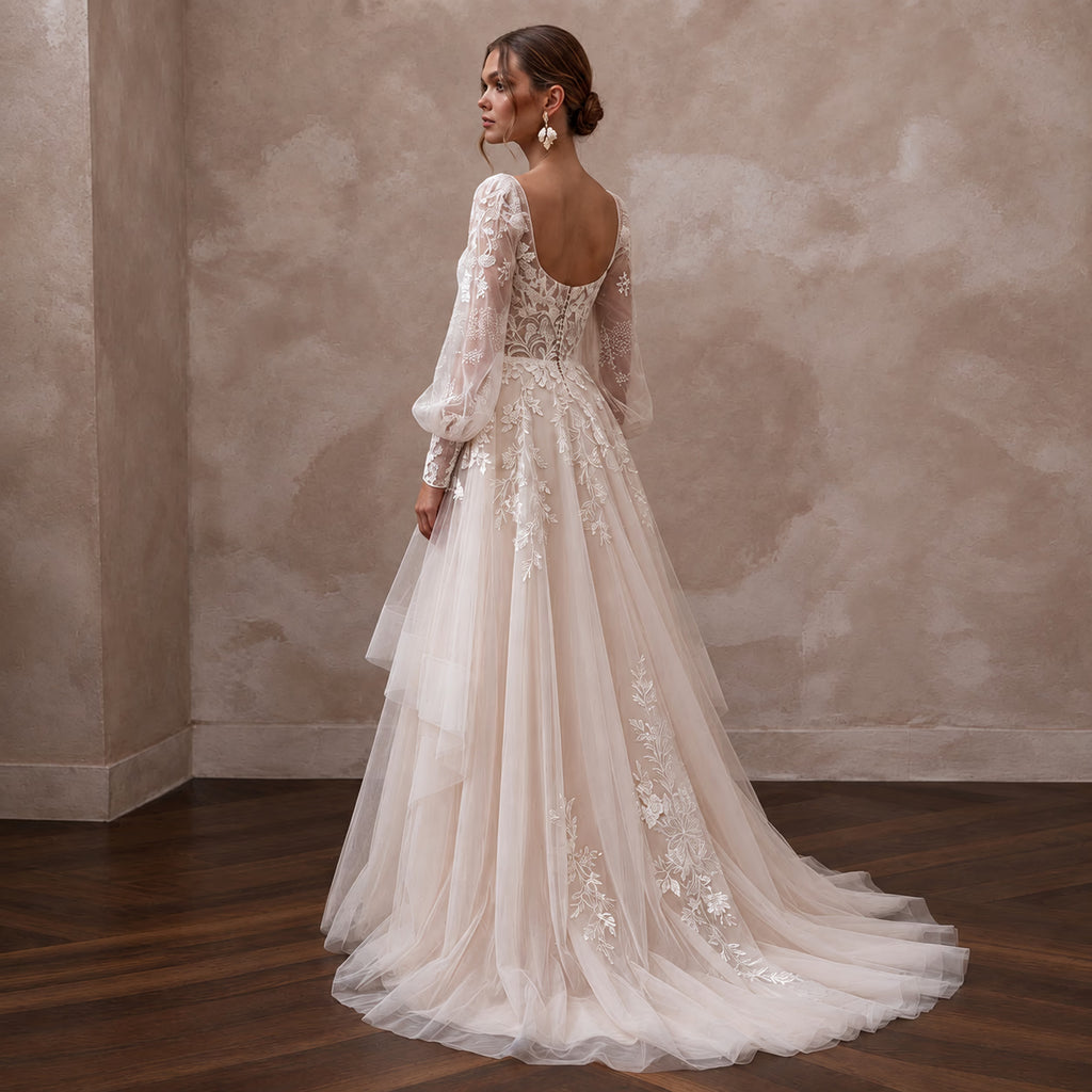 Ethereal Blush Tulle Boho Bridal Gown for Forest Elopement